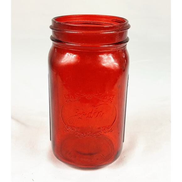 Jardin Ruby Red Glass Mason Jar EST. 1946 NOT FOOD SAFE Floral Embossing - Picture 1 of 9
